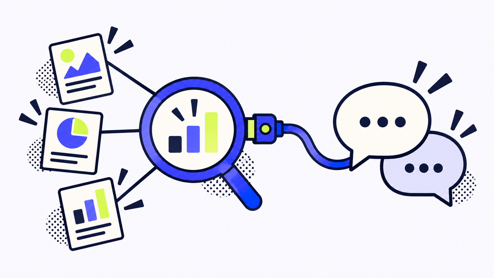 An optical lens and evidence cards connect through a plug to conversation bubbles.