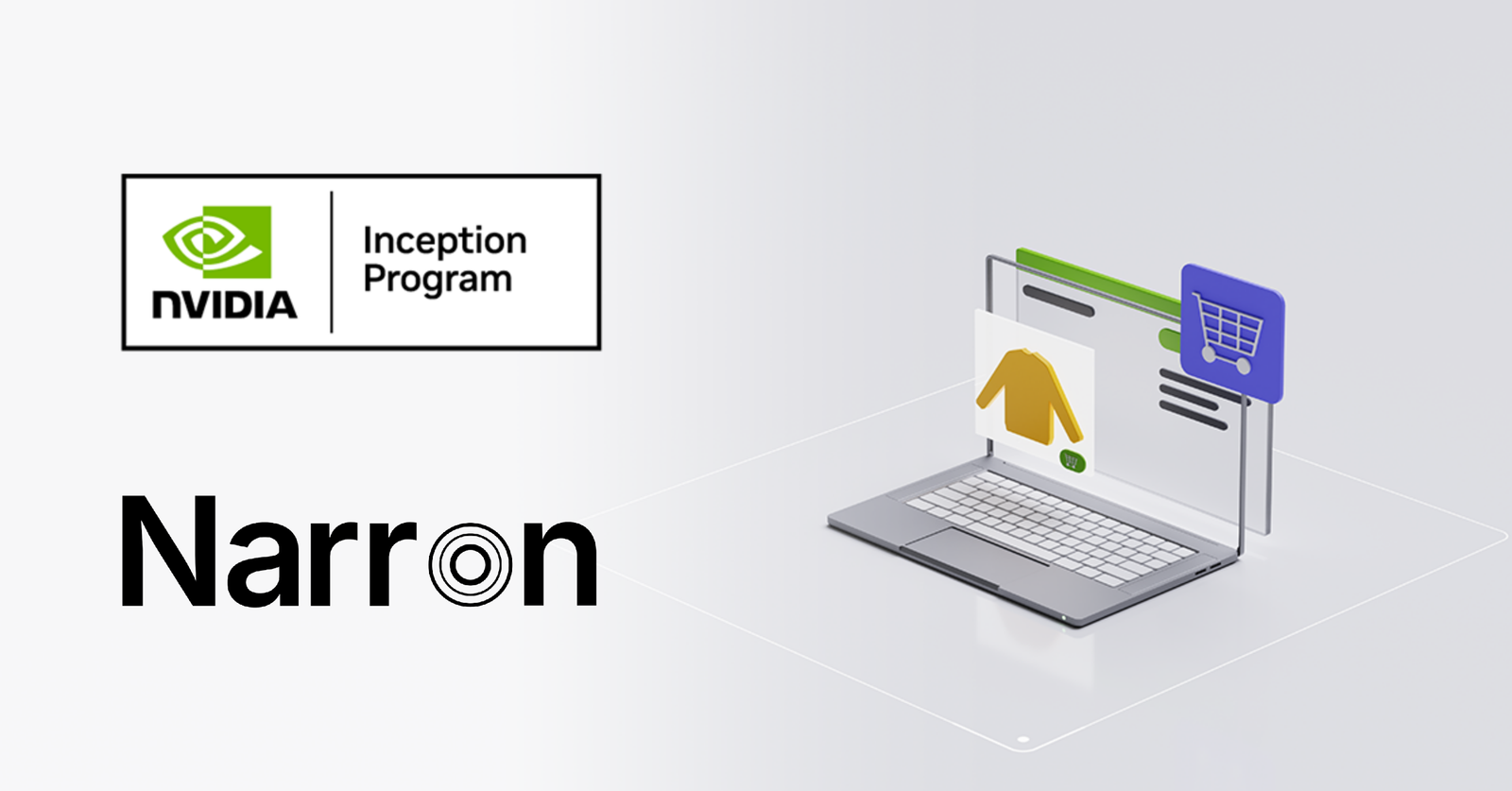 NVIDIA Inception Program badge and Narron black wordmark beside an ecommerce illustration from NVIDIA’s member social template.